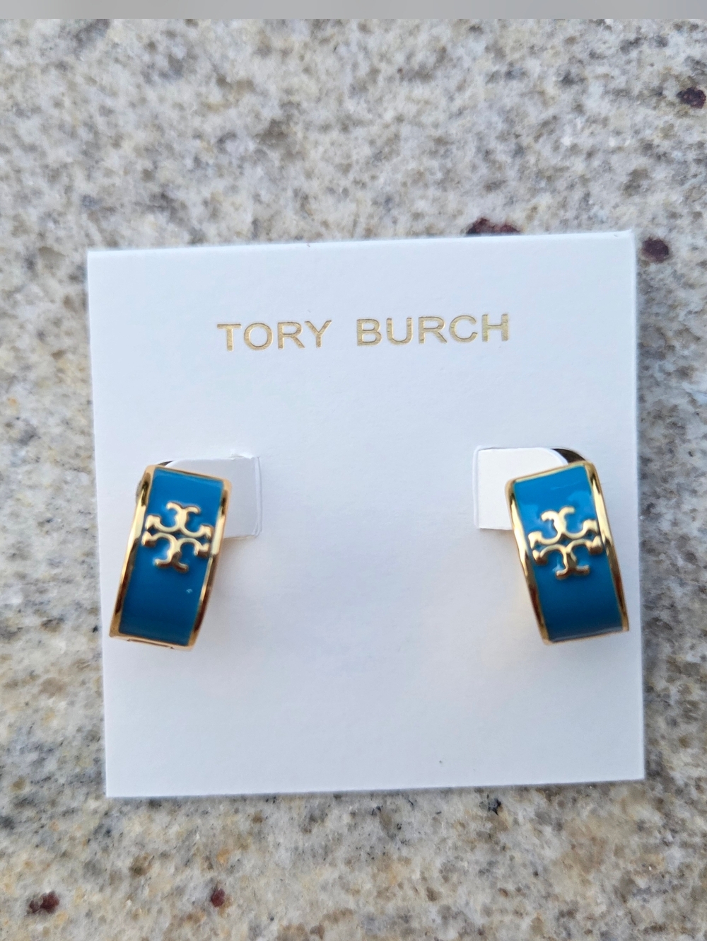 Tory Burch Blue Enamel Gold Logo Huggie Hoop Earrings